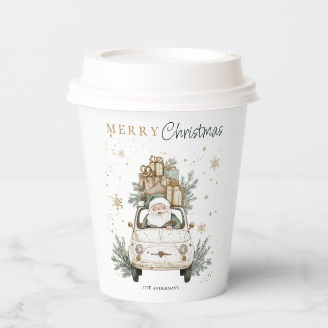 Elegant Watercolor Santa Car Snow Christmas Party  Paper Cups (Front)