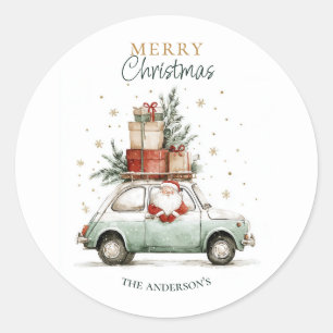 Elegant Watercolor Santa Car Snow Merry Christmas  Classic Round Sticker