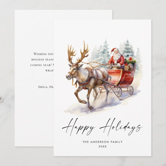 Elegant Watercolor Santa Claus Christmas Deer Holiday Card (Front/Back)