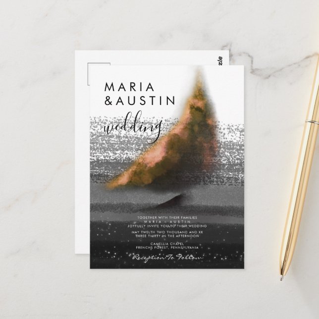 Elegant Watercolor Sea Sailing Boat Black Wedding Postcard (Front/Back In Situ)