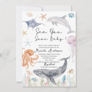 Elegant Watercolor Sea you Soon Summer Ocean Baby Invitation