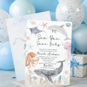 Elegant Watercolor Sea you Soon Summer Ocean Baby  Invitation