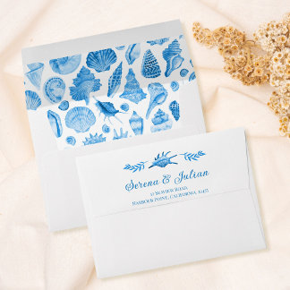 Elegant Watercolor Seashell Blue and White Coastal Envelope