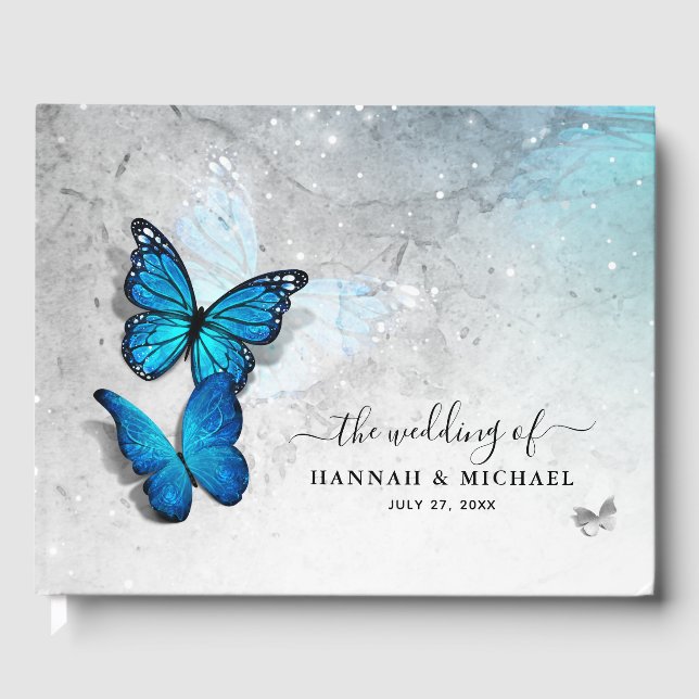 Elegant Watercolor Silver and Blue Butterfly Guest Book (Front)