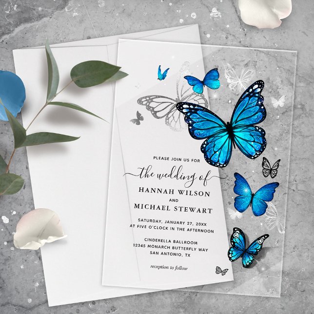 Elegant Watercolor Silver Blue Butterfly Wedding Acrylic Invitations (Elegant blue butterfly acrylic wedding invitations that will bring your fairy tale to life!)