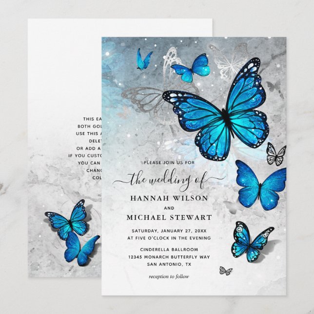 Elegant Watercolor Silver Blue Butterfly Wedding Invitation (Front/Back)