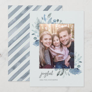 Elegant Watercolor & Silver Floral Rustic Photo  H Holiday Card