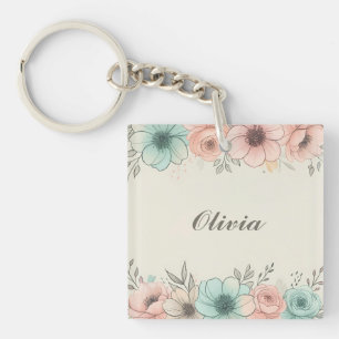 Elegant Watercolor Sketchy Flowers Key Ring