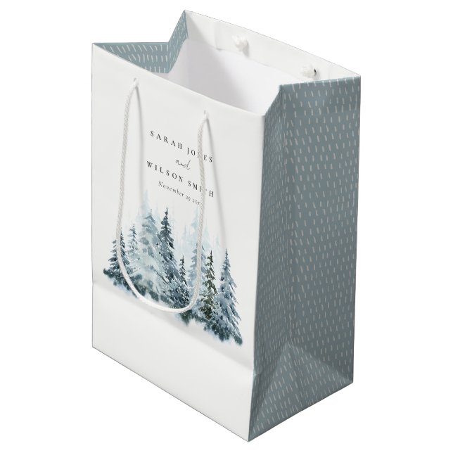 Elegant Watercolor Snow Winter Forest Pine Wedding Medium Gift Bag (Front Angled)