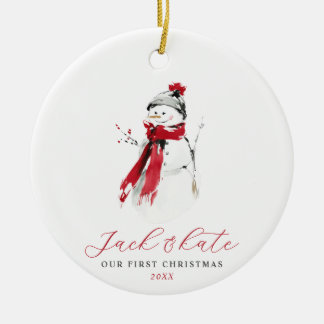 Elegant Watercolor Snowman Our First Christmas Ceramic Tree Decoration