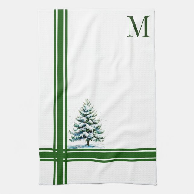 Elegant Watercolor Snowy Spruce Tree Monogrammed Tea Towel (Vertical)