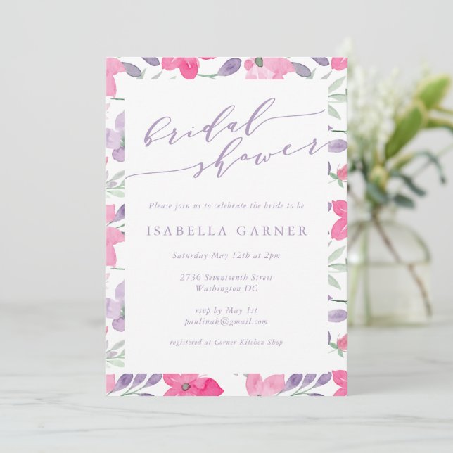 Elegant Watercolor Soft Pastel Pink Bridal Shower Invitation (Standing Front)