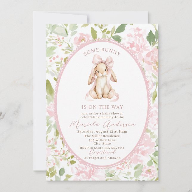 Elegant Watercolor some bunny pink bow Baby Shower Invitation (Front)