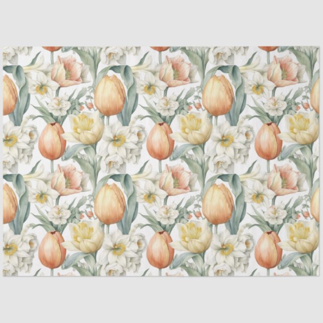 Elegant Watercolor Spring flowers Tulips Daffodils Tissue Paper (Front)