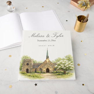 Elegant Watercolor Stone Chapel Wedding Guest Book