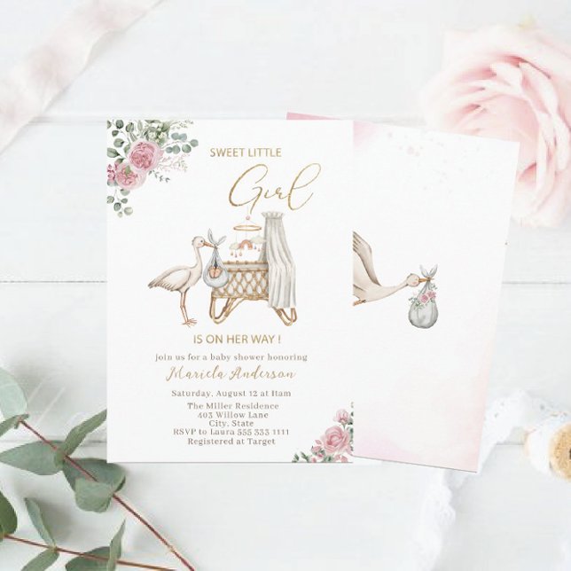 Elegant Watercolor Stork Baby Girl Baby Shower Invitation (Creator Uploaded)