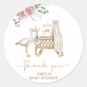 Elegant Watercolor StorkGirl Pink Floral Baby Show Classic Round Sticker