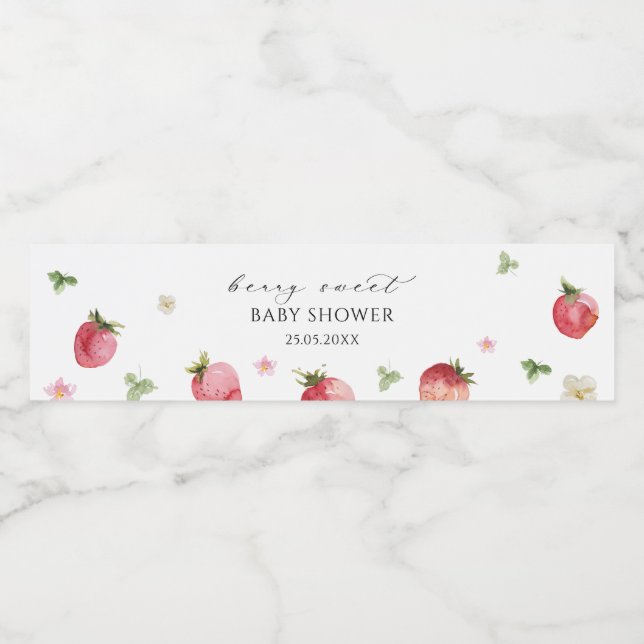 Elegant Watercolor Strawberry Baby Shower Water Bottle Label (Single Label)