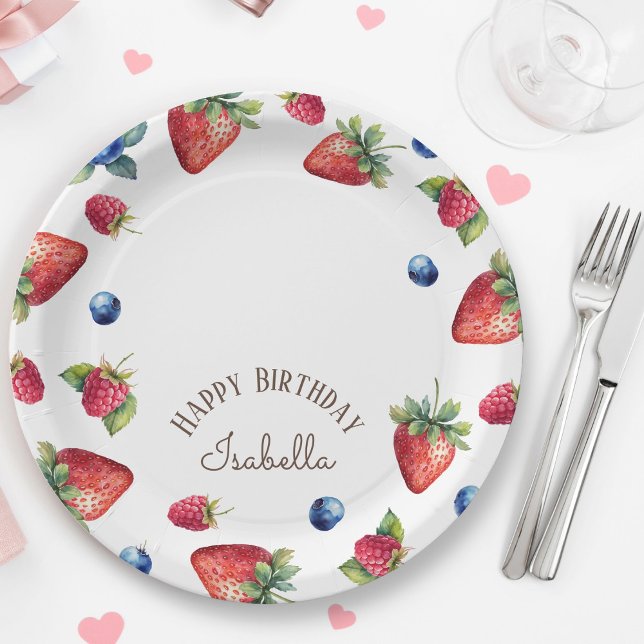 Elegant Watercolor Strawberry Berry Happy Birthday Paper Plate (Creator Uploaded)