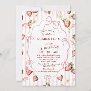 Elegant Watercolor Strawberry girl 1st birthday Invitation
