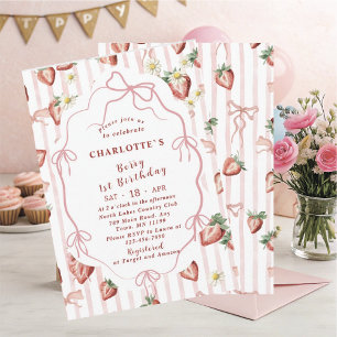 Elegant  Watercolor Strawberry girl 1st birthday Invitation
