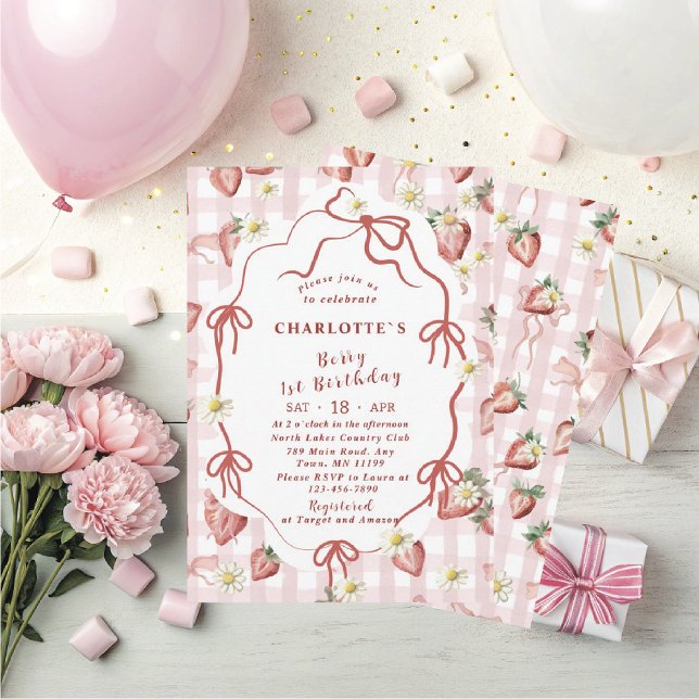 Elegant  Watercolor Strawberry girl 1st birthday Invitation (Creator Uploaded)