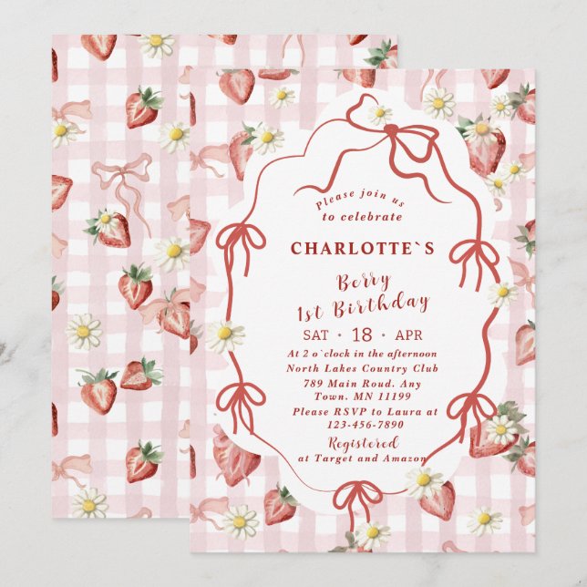 Elegant  Watercolor Strawberry girl 1st birthday Invitation (Front/Back)