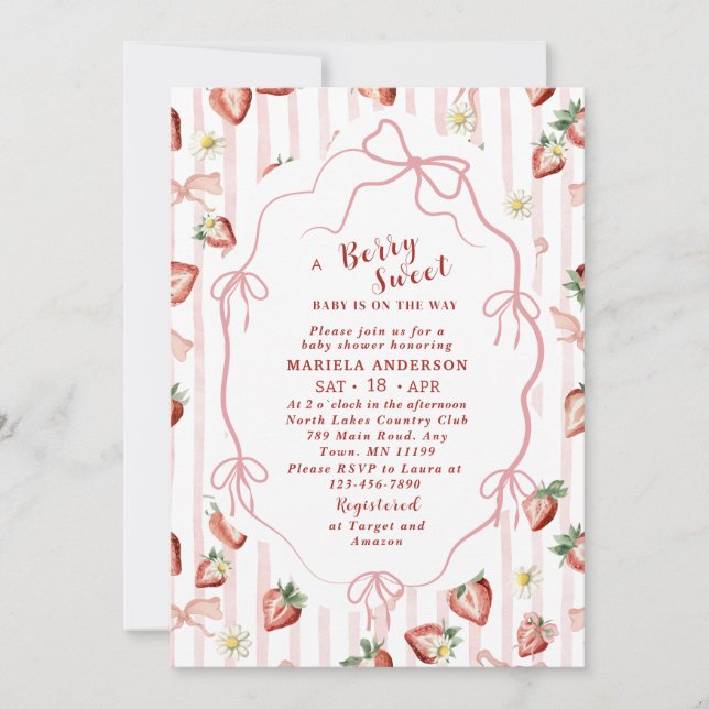 Elegant  Watercolor Strawberry girl Baby Shower In Invitation (Front)
