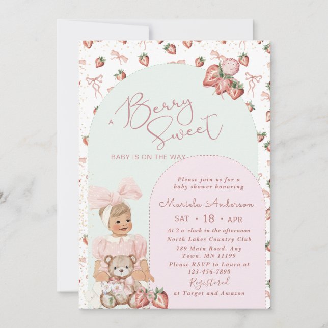 Elegant  Watercolor Strawberry girl Baby Shower In Invitation (Front)