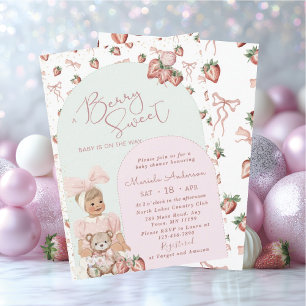 Elegant  Watercolor Strawberry girl Baby Shower In Invitation