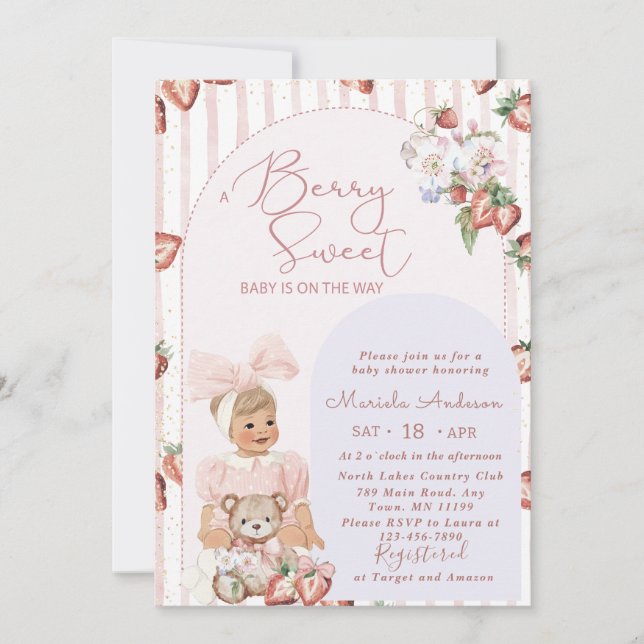 Elegant  Watercolor Strawberry girl Baby Shower Invitation (Front)