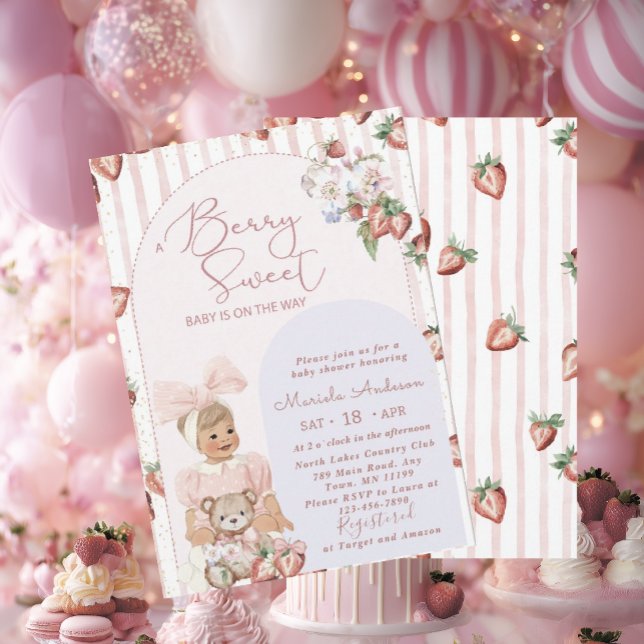 Elegant  Watercolor Strawberry girl Baby Shower Invitation (Creator Uploaded)