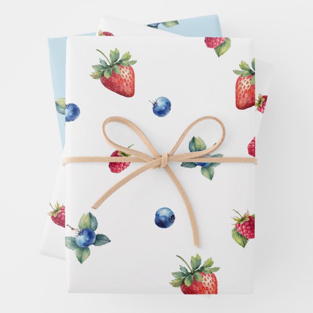 Elegant Watercolor Strawberry Raspberry Blueberry Wrapping Paper Sheet (In situ)
