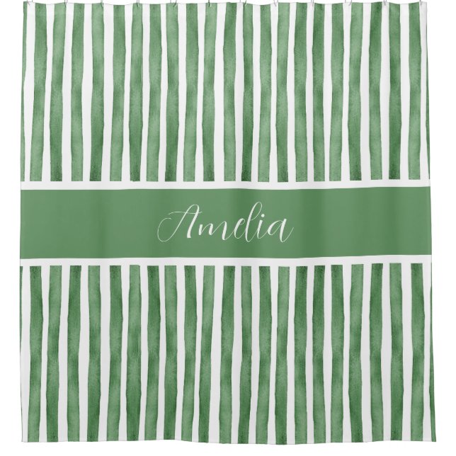 Elegant Watercolor Stripes Sage  Green Custom Name Shower Curtain (Front)