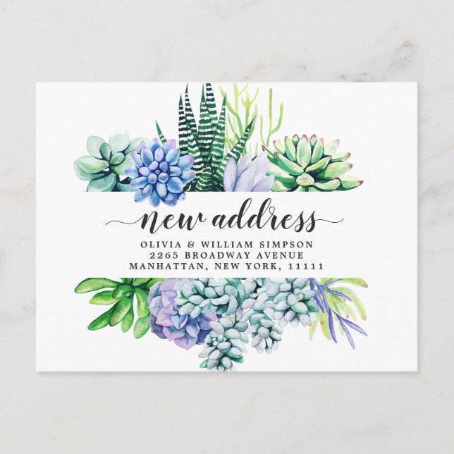 Elegant Watercolor Succulent Moving Announcement Postcard (Front)