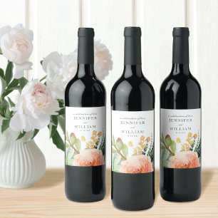 Elegant Watercolor Succulent Wreath Wedding Wine Label