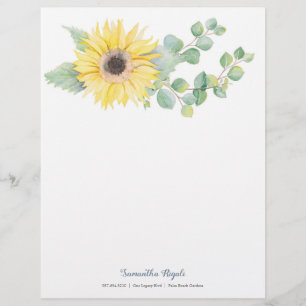 Elegant Watercolor Sunflower Eucalyptus Custom Letterhead