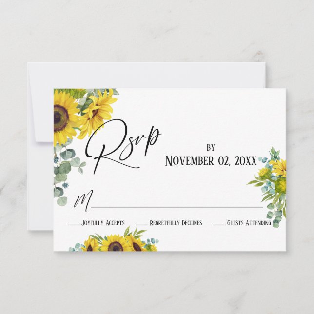 Elegant Watercolor Sunflower & Eucalyptus RSVP Car (Front)