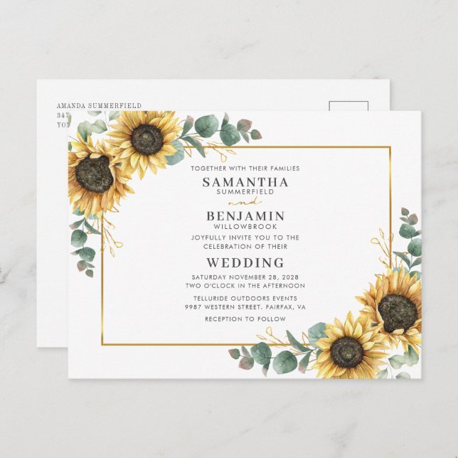Elegant Watercolor Sunflower Eucalyptus Wedding Invitation Postcard (Front/Back)