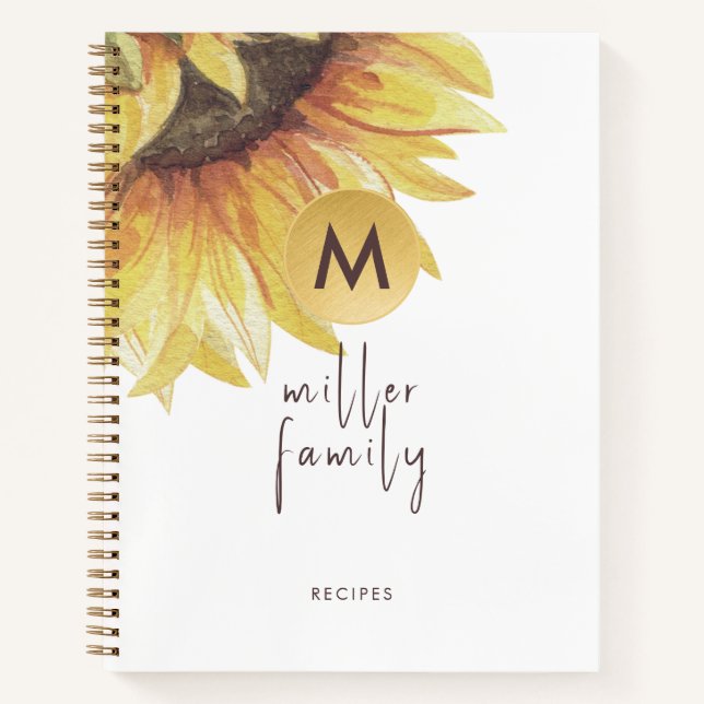 Elegant Watercolor Sunflower Family Recipe Book (Front)