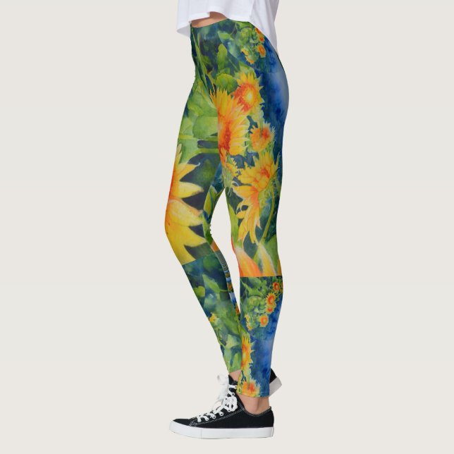 Elegant watercolor sunflower fields painting leggings (Left)