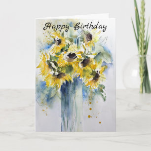 Elegant Watercolor Sunflower Happy Birthday Card
