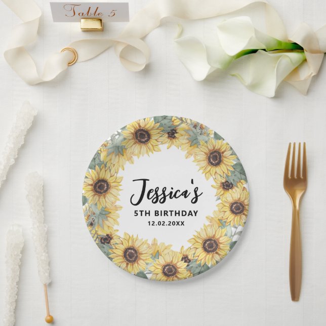 Elegant Watercolor Sunflower Wreath Frame Birthday Paper Plate (Wedding)