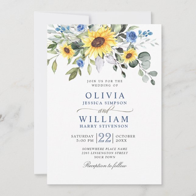 Elegant Watercolor Sunflowers Eucalyptus Wedding Invitation (Front)