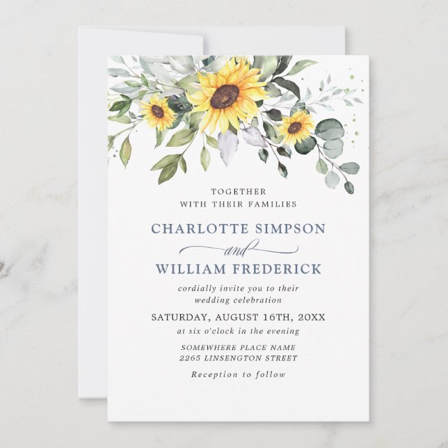 Elegant Watercolor Sunflowers Eucalyptus Wedding Invitation (Front)