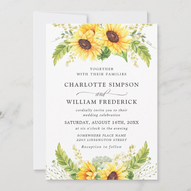 Elegant Watercolor Sunflowers Eucalyptus Wedding Invitation (Front)