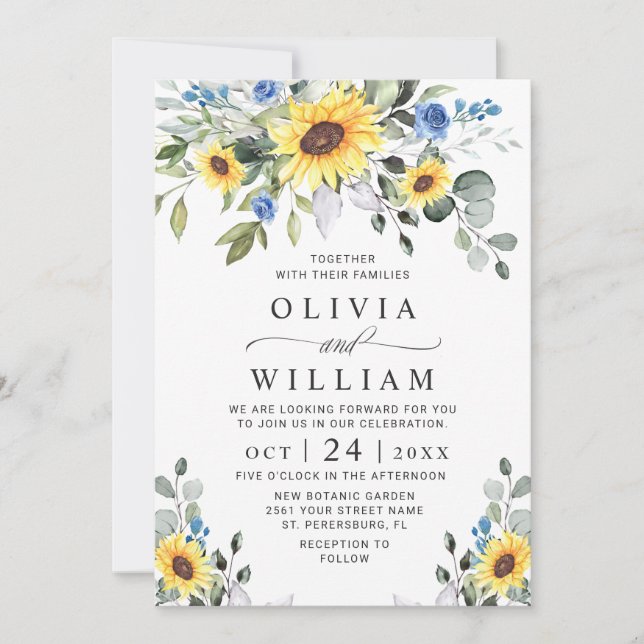 Elegant Watercolor Sunflowers Eucalyptus Wedding Invitation (Front)
