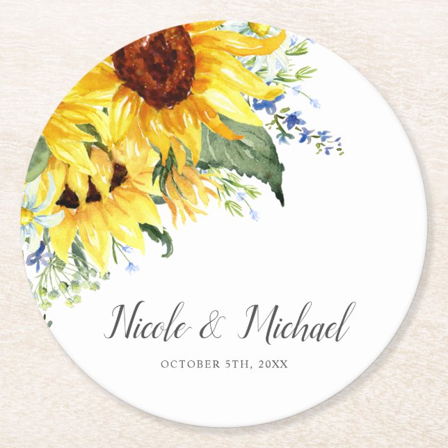Elegant Watercolor Sunflowers Personalised Wedding Round Paper Coaster (Front)