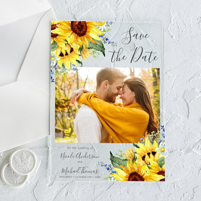 Elegant Watercolor Sunflowers Photo Save The Date Acrylic Invitations (Creator Uploaded)