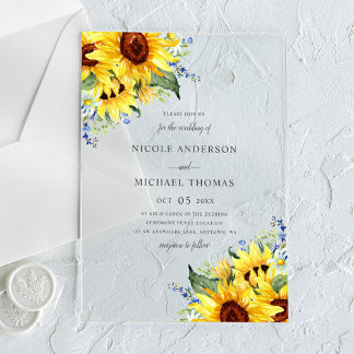 Elegant Watercolor Sunflowers Wedding Acrylic Invitations